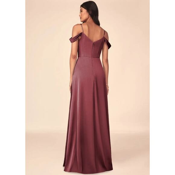 Azazie Ocean Stretch Rosette A-Line V-Neck Pleated Stretch Satin Dress Size 8 - Picture 6 of 7
